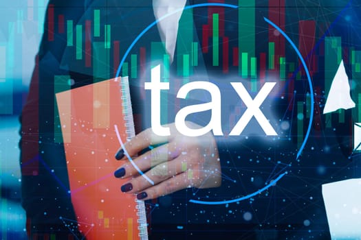 Business hand clicks virtual screen to tax return online for tax payment. Government, state taxes. Data analysis, paperwork, financial research, report. Calculation tax return.