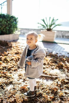 Little smiling girl with a toy in her hands stands on fallen dry leaves in the garden. High quality photo