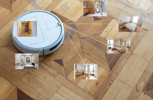 people, housework and technology concept. robot vacuum cleaner