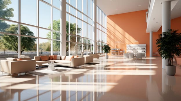 A beautiful modern spacious office hall with panoramic windows and a perspective.