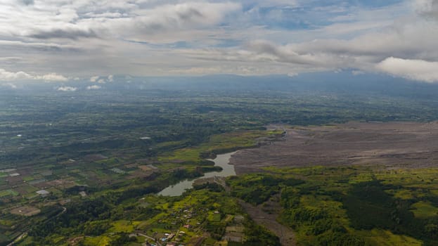 Top view of farmland and farm fields in the countryside of Sumatra. Berastagi, Indonesia.