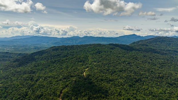 Aerial view of tropical mountain range and mountain slopes with rainforest. Borneo, Malaysia.