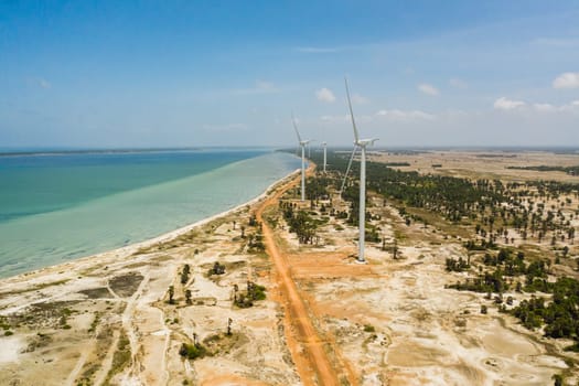 Wind turbines producing clean sustainable energy, clean energy future. Wind power plant. Jaffna, Sri Lanka.