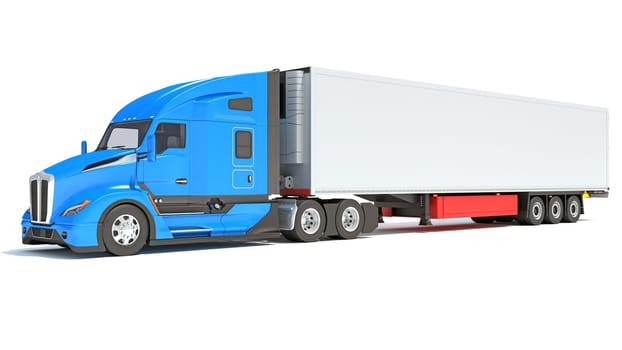 Truck with Reefer Refrigerator Trailer 3D rendering model on white background