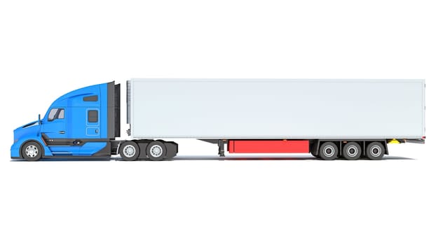 Truck with Reefer Refrigerator Trailer 3D rendering model on white background