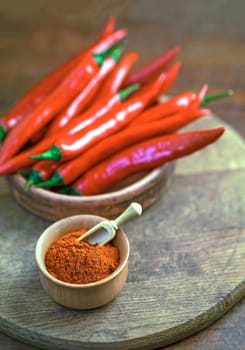 Red chili pepper, dried chili powder And the pepper is scattered on the wooden