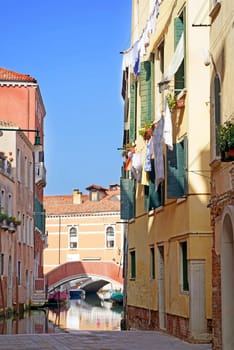 Venice, Italy - September 2023: streets of Venice at sunset on a warm day