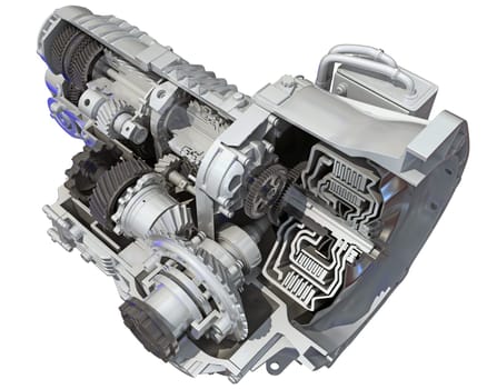 Car Transmission Cutaway 3D rendering model on white background