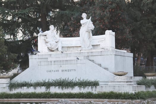 Fountan of Gaetano Donizetti in public park, Bergamo, Italy. Urban architectural photography. High quality picture