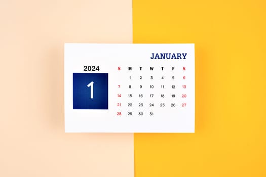 January Calendar 2024 page on yellow background.