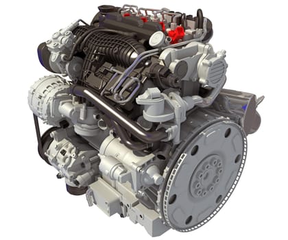 Car Engine 3D rendering model on white background