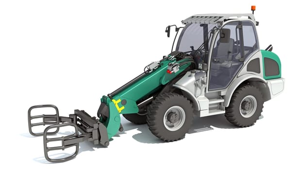 Telescopic Wheel Loader Telehandler Forklift 3D rendering model on white background