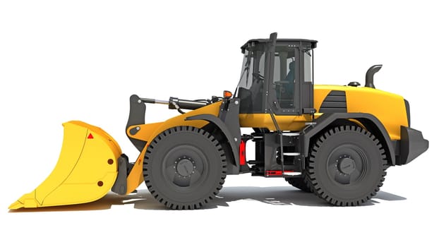 Wheel Loader heavy construction machinery 3D rendering model on white background