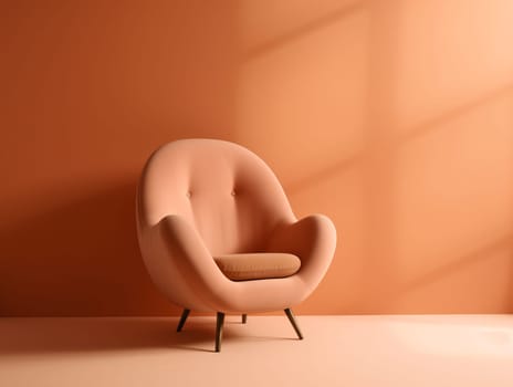 A soft peach-colored chair against a wall with sunlight from the window. High quality photo