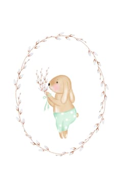 Watercolor vintage Easter little bunny holding a bouquet with willow branches in a round frame of branches. Postcard template isolate on a white background for Easter cards. Hand drawn drawing of a cute animal with flowers. High quality photo