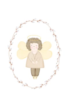 Watercolor card template with a cute angel in a round frame of willow branches. Adorable drawing in pastel colors isolate on a white background. For the design of cards and invitations for baby's baptism and Easter. High quality illustration
