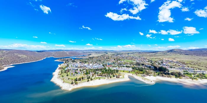 The view over the town of Jindabyne and Lake Jindabyne on a warm sunny summer's day in New South Wales, Australia