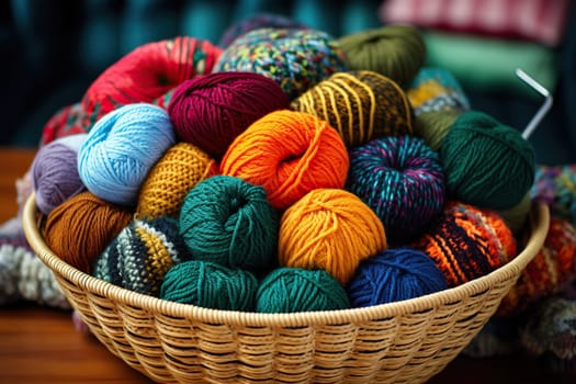 A basket with balls of yarn for knitting on the table. Hobby.