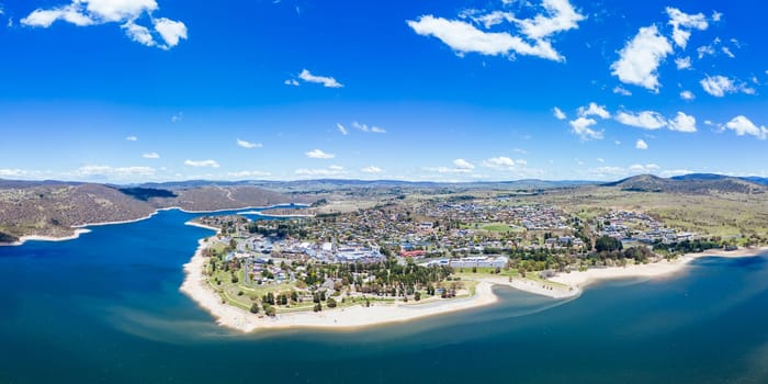 The view over the town of Jindabyne and Lake Jindabyne on a warm sunny summer's day in New South Wales, Australia