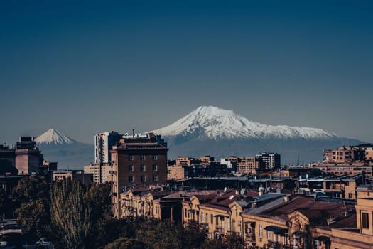 Cityscape with mountain view in a day time concept photo. Yerevan, capital of Armenia in front of mountain Ararat. Beautiful urban scenery from parkland. High quality picture for magazine, article