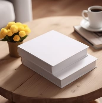 White book mockup with yellow flowers in a vase on table. AI Generated