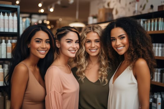 four women of a different race, age, and figure type. Group of multiracial females having fun against a brown background. AI Generated