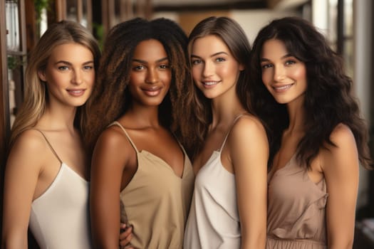 four women of a different race, age, and figure type. Group of multiracial females having fun against a brown background. AI Generated