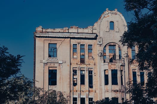 Ruined walls and windows old architecture photo. Beautiful urban scenery photography. Street scene. High quality picture for wallpaper, travel blog.