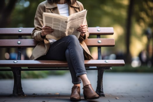unrecognizable woman sitting on a park bench reading a magazine with a blank cover page. AI Generated