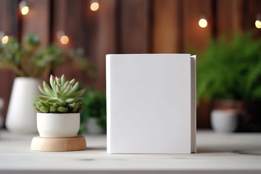 White book mockup with a succulent plant on a white table. AI Generated