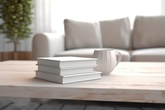 White book blank cover mockup on wooden coffee table. AI Generated