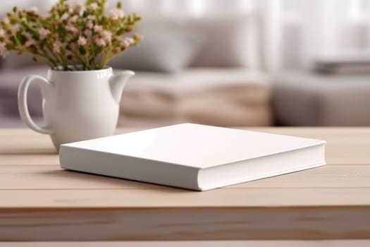 White book blank cover mockup on wooden coffee table. AI Generated