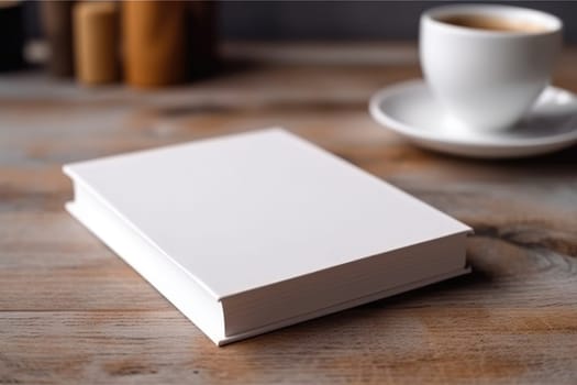 White book blank cover mockup on wooden coffee table. AI Generated