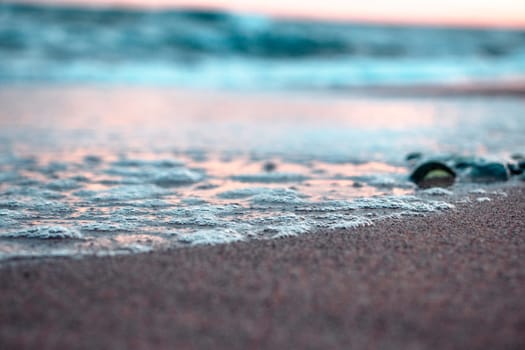 Seaside near Barcelona background concept photo. Front view photography with blurred background. Mediterranean winter sea, nautical background. High quality picture for wallpaper, travel blog