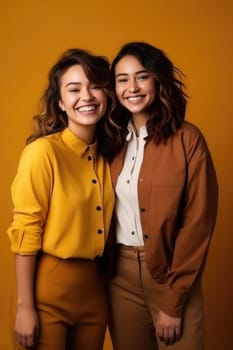 Group of multiracial females having fun. Models Of Different Ethnicity posing cheerful together on yellow background. AI Generated