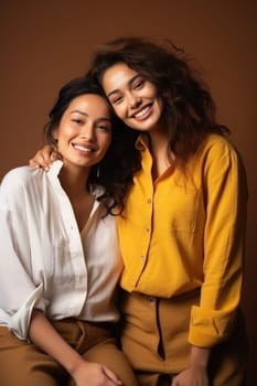 Group of multiracial females having fun. Models Of Different Ethnicity posing cheerful together on yellow background. AI Generated