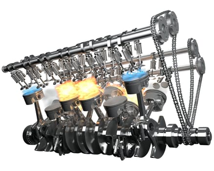 V12 Engine pistons Ignition on white background 3D rendering model