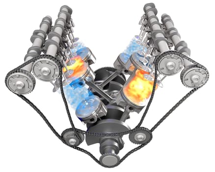 V6 Engine pistons and crankshaft Ignition on white background 3D rendering model