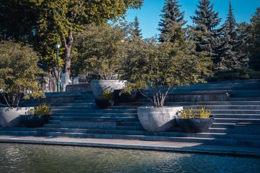 The green trees, sunshine morning near water concept photo. Summer in the public park. Idyllic scene. High quality picture for wallpaper, travel blog.