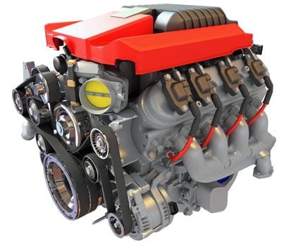 V8 Car Engine 3D rendering model on white background