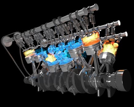 V12 Engine pistons Ignition on Black background 3D rendering model