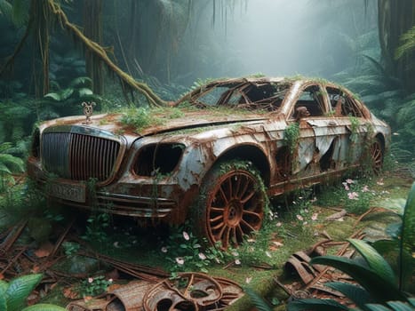 Abandoned rusty expensive atmospheric deluxe sedan car limo as circulation banned for co2 emission 2030 agenda , severe damage, broken parts, plants overgrowth bloom flowers. ai generated