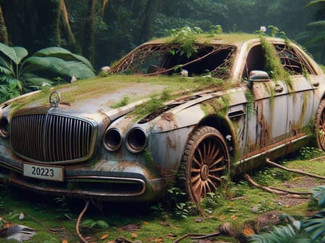 Abandoned rusty expensive atmospheric deluxe sedan car limo as circulation banned for co2 emission 2030 agenda , severe damage, broken parts, plants overgrowth bloom flowers. ai generated