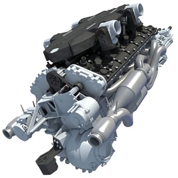 V12 Car Engine 3D rendering model on white background