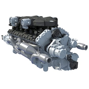 V12 Car Engine 3D rendering model on white background
