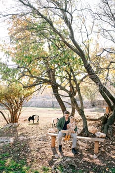 Dad reads a book to a little girl while sitting on a bench under a tree on a farm near grazing goats. High quality photo