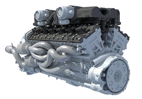 V12 Car Engine 3D rendering model on white background