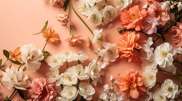 Flowers on a peach background. Spring floral flat lay background. High quality photo