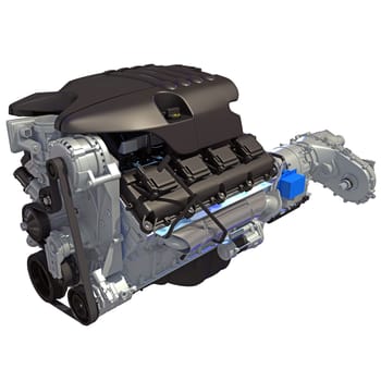 V8 Car Engine 3D rendering model on white background