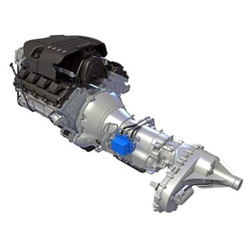 V8 Car Engine 3D rendering model on white background